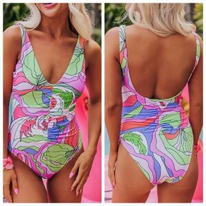 NWT Beach Joy Large‎ Colorful Abstract One-Piece Swimsuit ruched V neck plunge